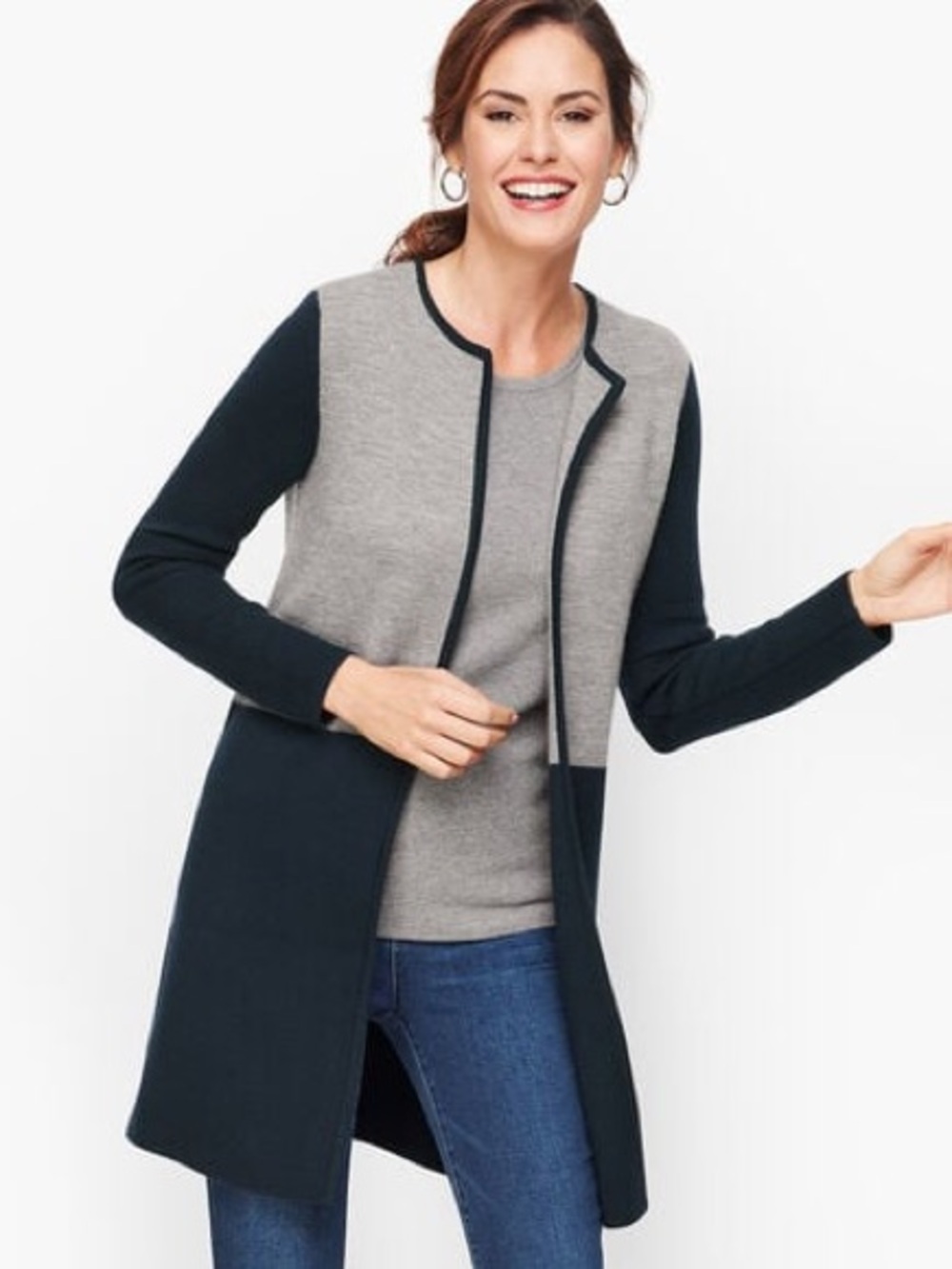 Talbots Navy and Light Gray Colorblock Open Cardigan